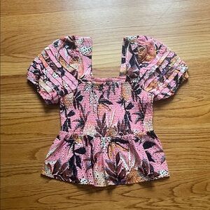 FARM Rio Floral Pink Smocked Women's Medium Babydoll Ruffled Top